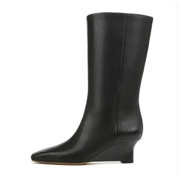 Vince Beverly Leather Wedge Boots 6 Black NWOT Mid Calf Booties Academia Career - Picture 2 of 12
